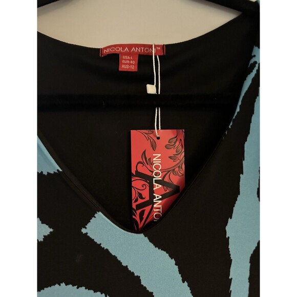 Nicola Antoni 3/4 Sleeve Flowy Blue & Black Sheath Stretch Dress Size L - Picture 3 of 4